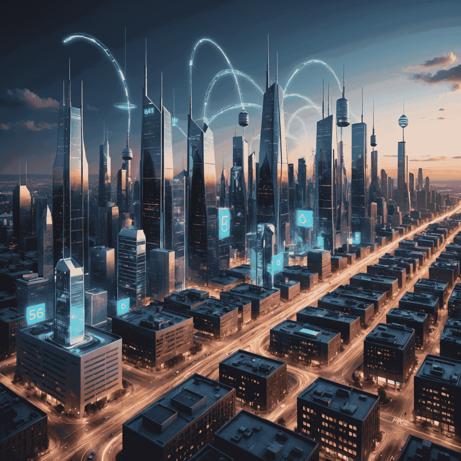 Futuristic cityscape with 5G towers and connected devices, showcasing the transformative power of 5G technology across America's urban landscape