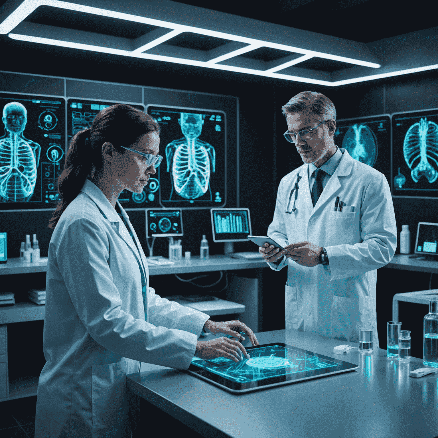 A futuristic medical lab with holographic displays showing AI-assisted diagnosis. Doctors and AI interfaces work together, analyzing complex medical data with neon highlights emphasizing key diagnostic areas.