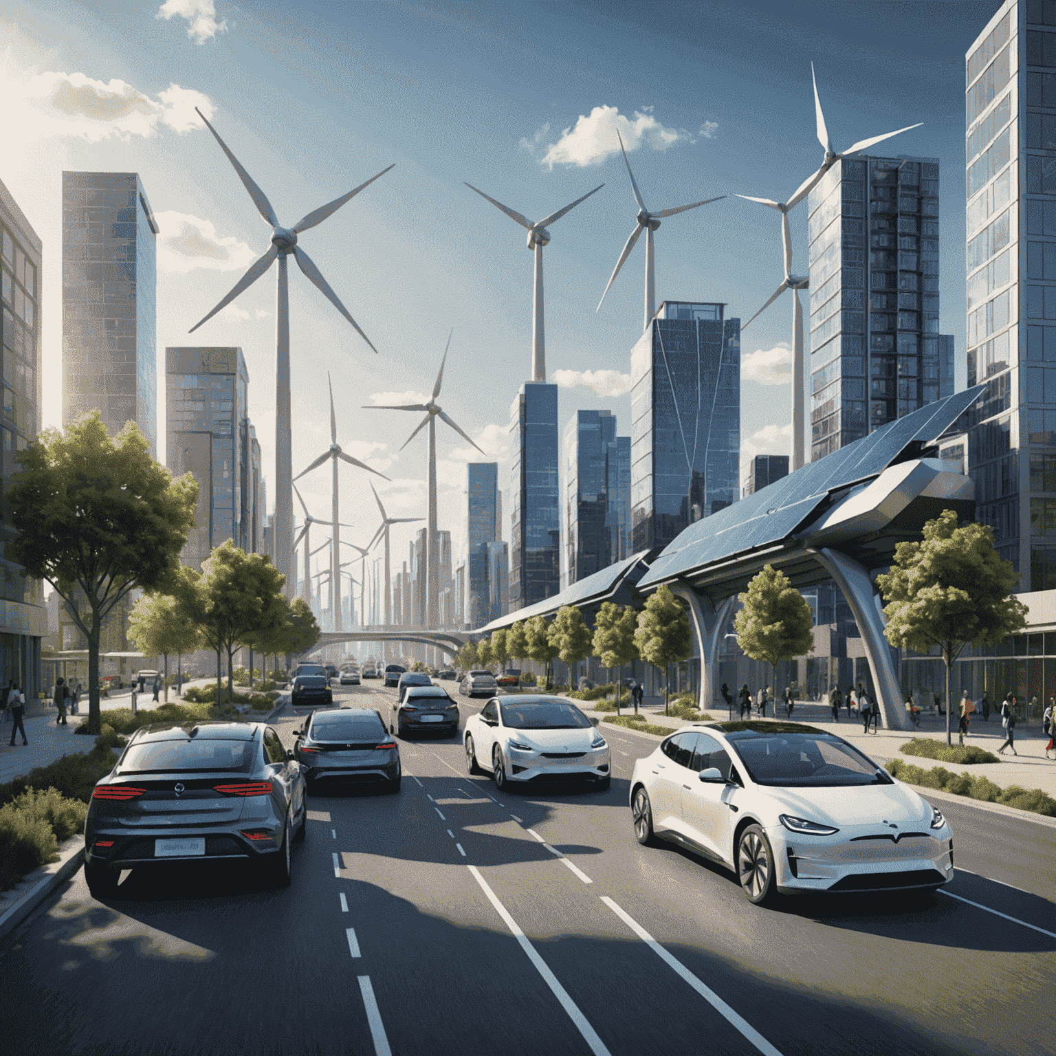 Futuristic cityscape with solar panels, wind turbines, and electric vehicles integrated seamlessly into the urban environment, showcasing clean technology in action