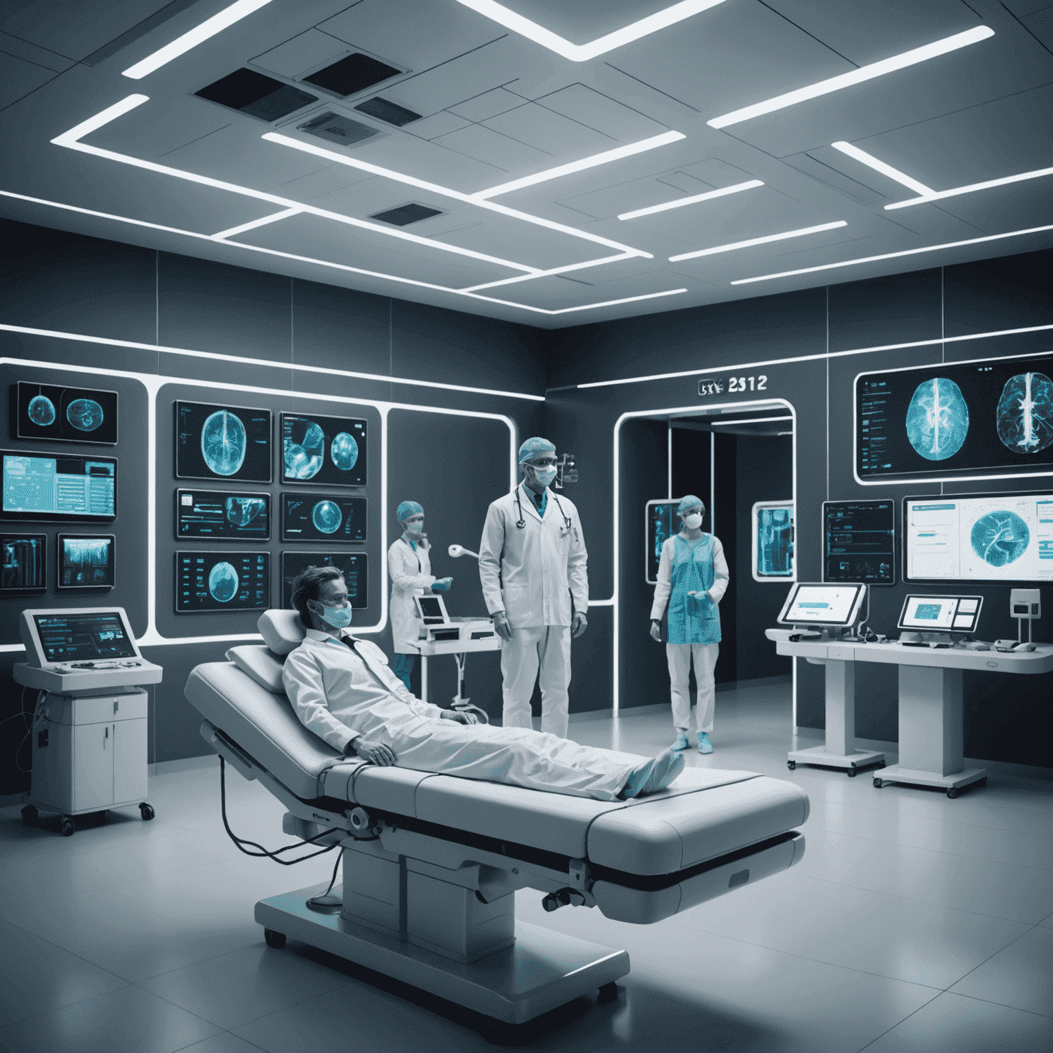 Futuristic medical facility with AI-powered diagnostic equipment and holographic patient data displays