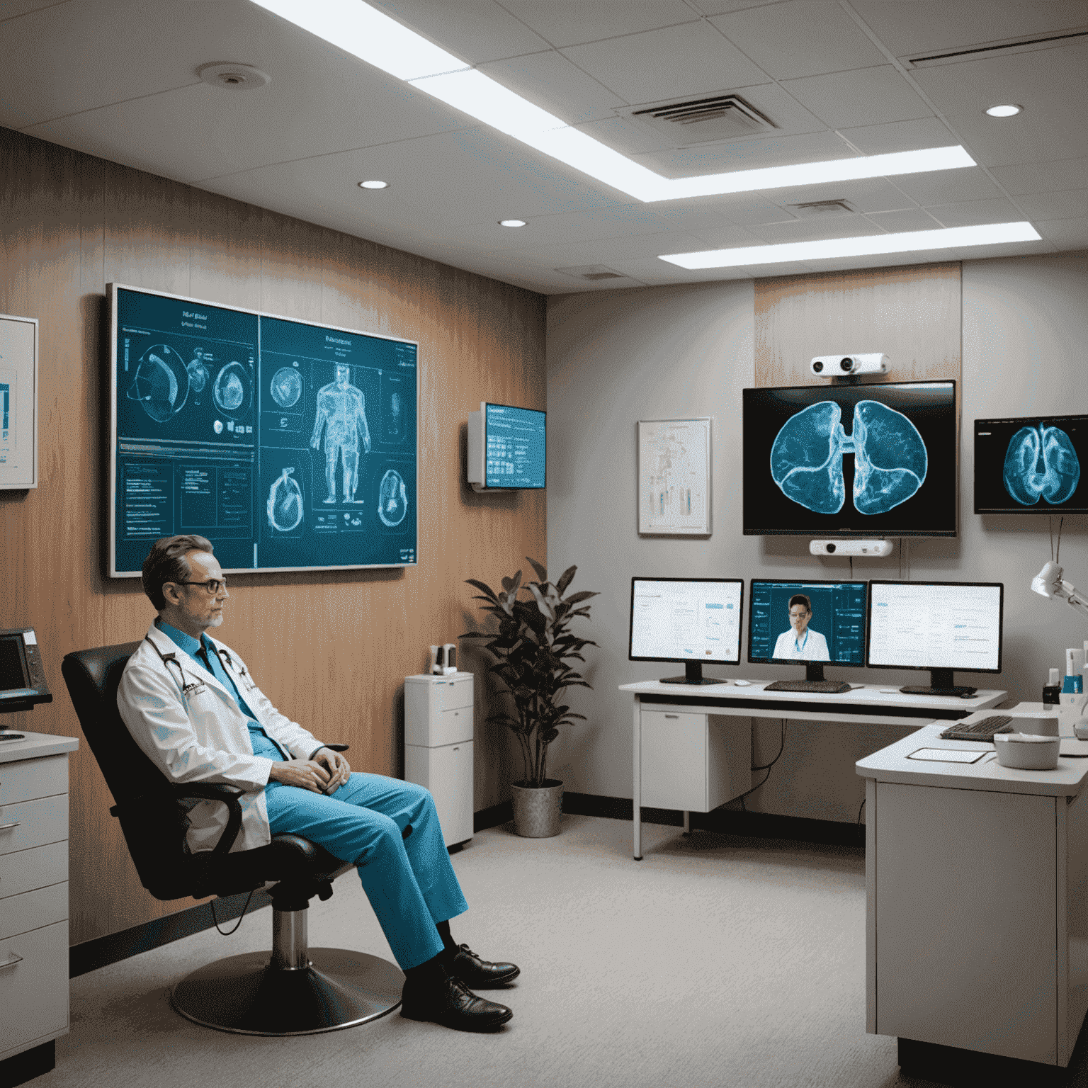 A split-screen image: on one side, a traditional doctor's office, and on the other, a high-tech room with AI interfaces suggesting personalized treatment plans based on holographic patient data.