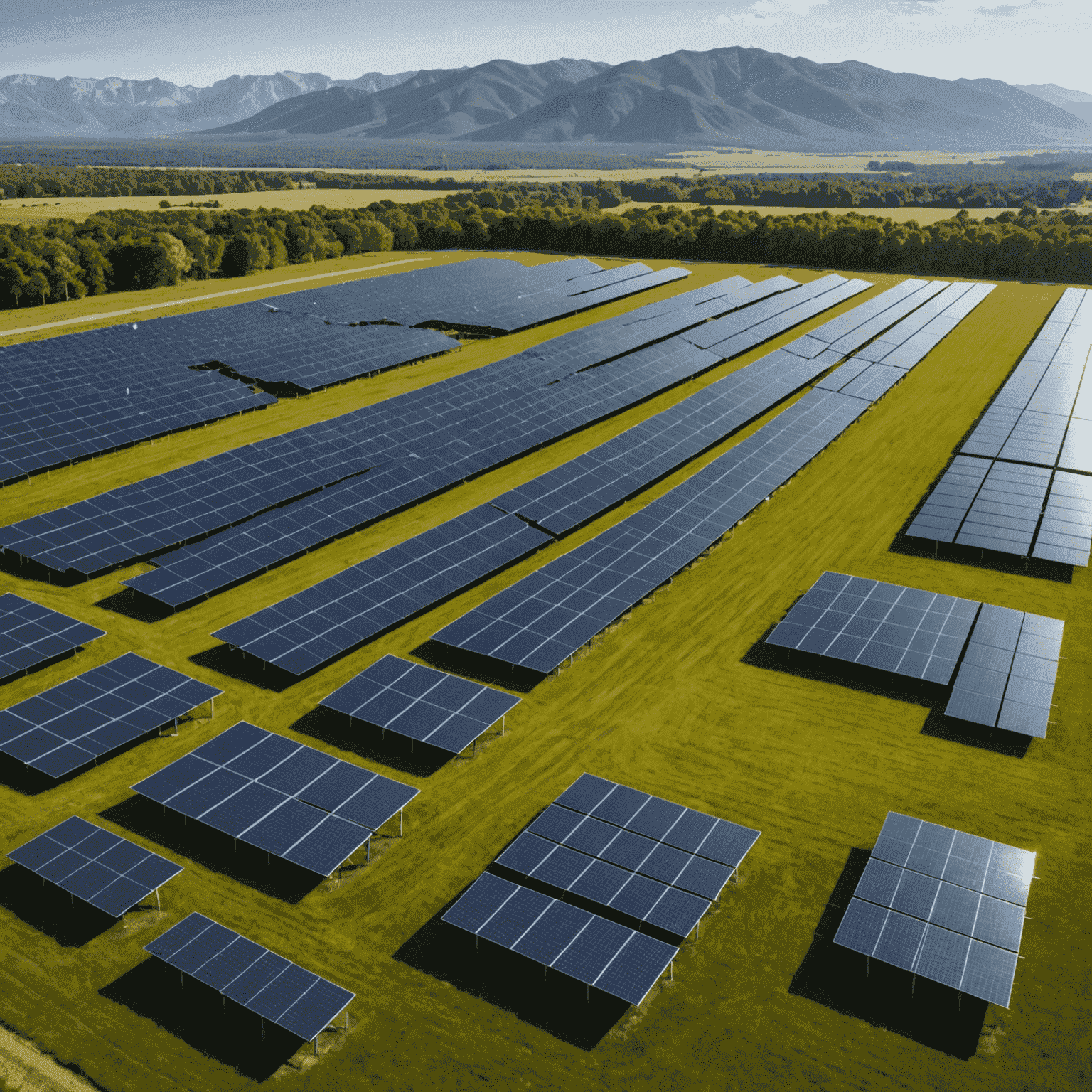 Advanced solar farm with tracking panels and integrated energy storage systems, set against a backdrop of American landscape