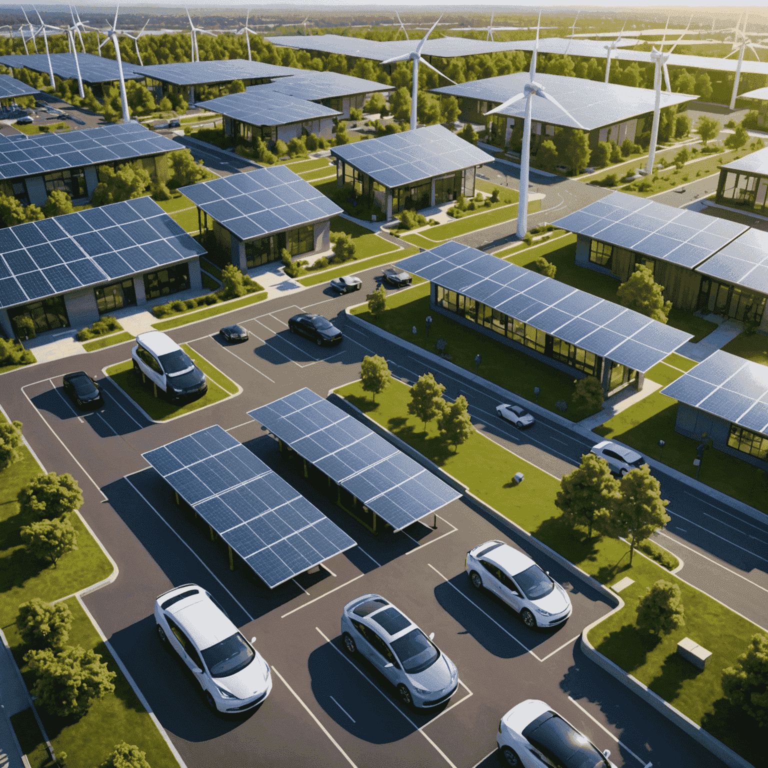 Sustainable city landscape with solar panels, wind turbines, and electric vehicles showcasing America's clean tech innovations