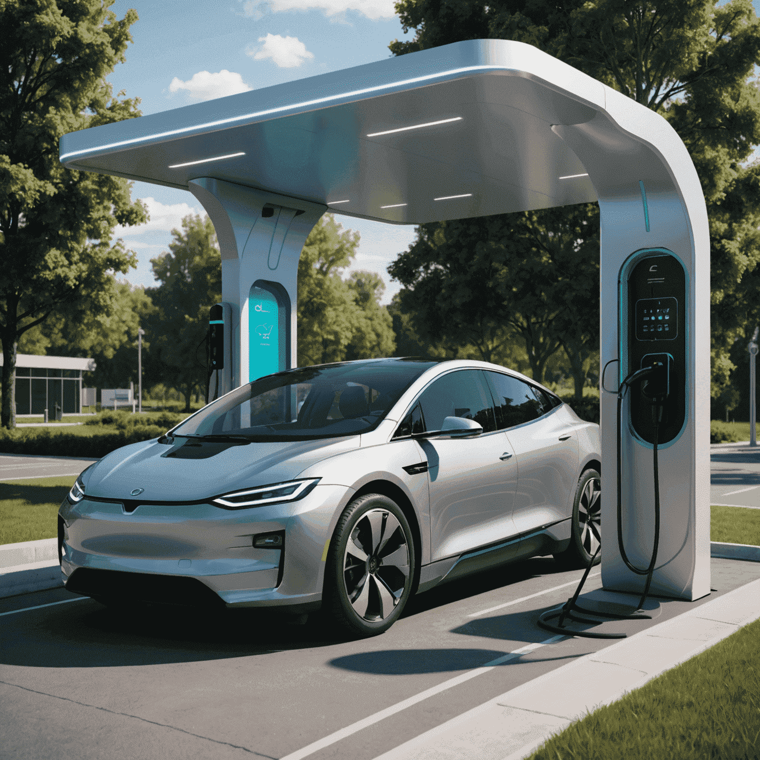 Futuristic electric vehicle charging station with sleek design, powered by renewable energy, showcasing the latest in EV technology