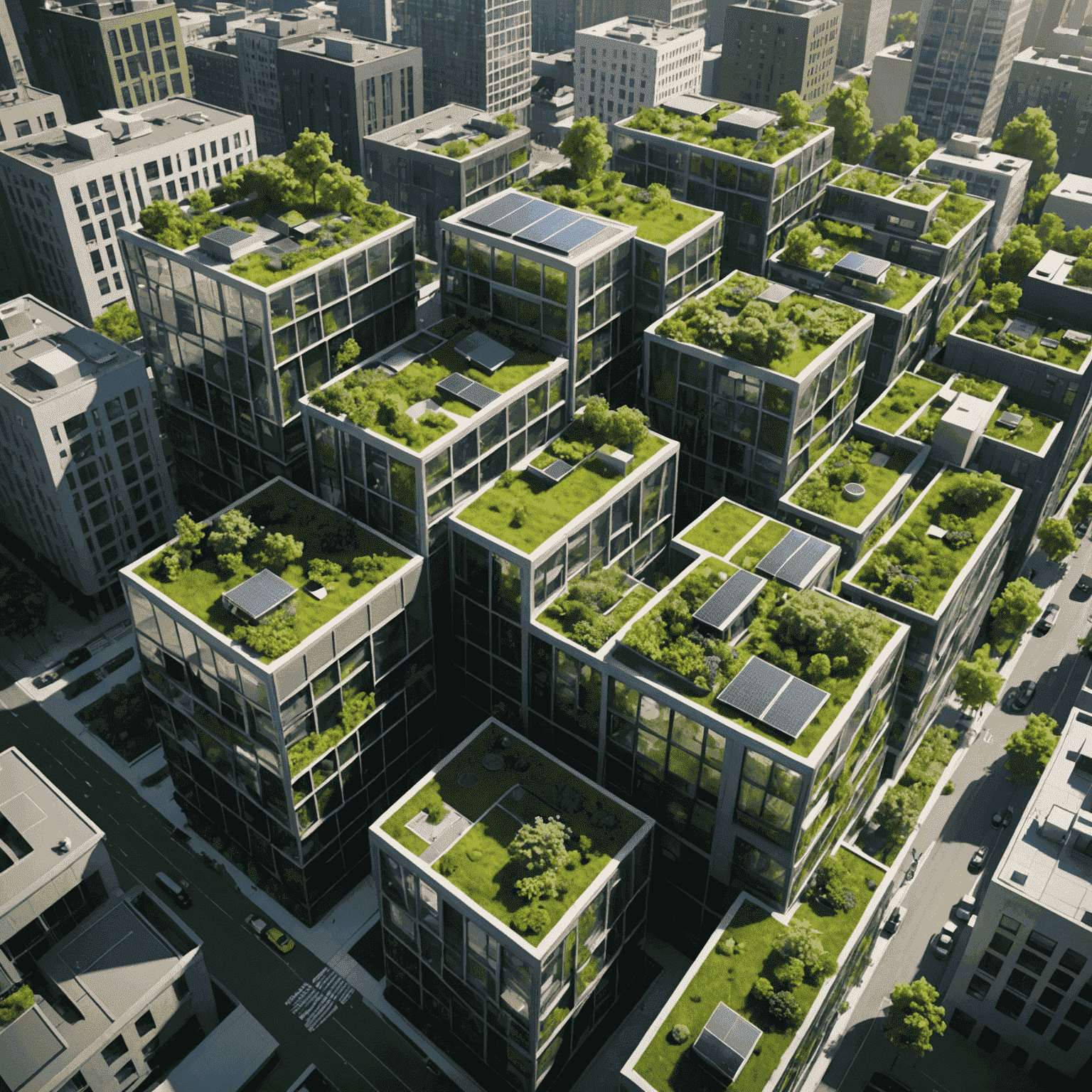 Aerial view of a smart city district featuring green buildings with living walls, solar roofs, and interconnected IoT systems for efficient resource management