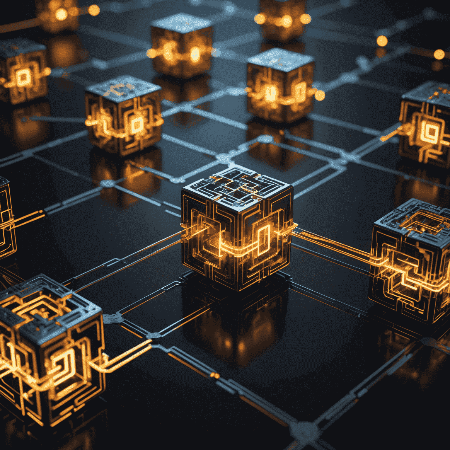 Dynamic 3D visualization of a blockchain network, with interconnected blocks glowing with data transactions and secured by cryptographic locks