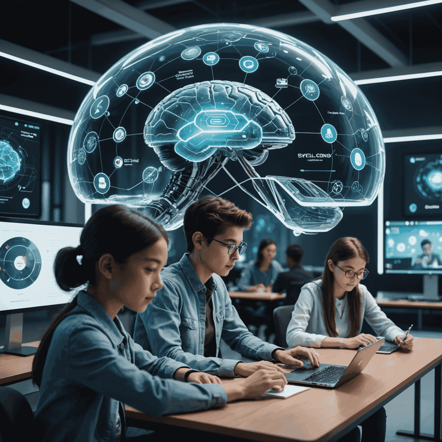 A futuristic learning hub with students using advanced AI assistants, holographic displays, and brain-computer interfaces. The image depicts the potential future of education with cutting-edge technology seamlessly integrated into the learning process.