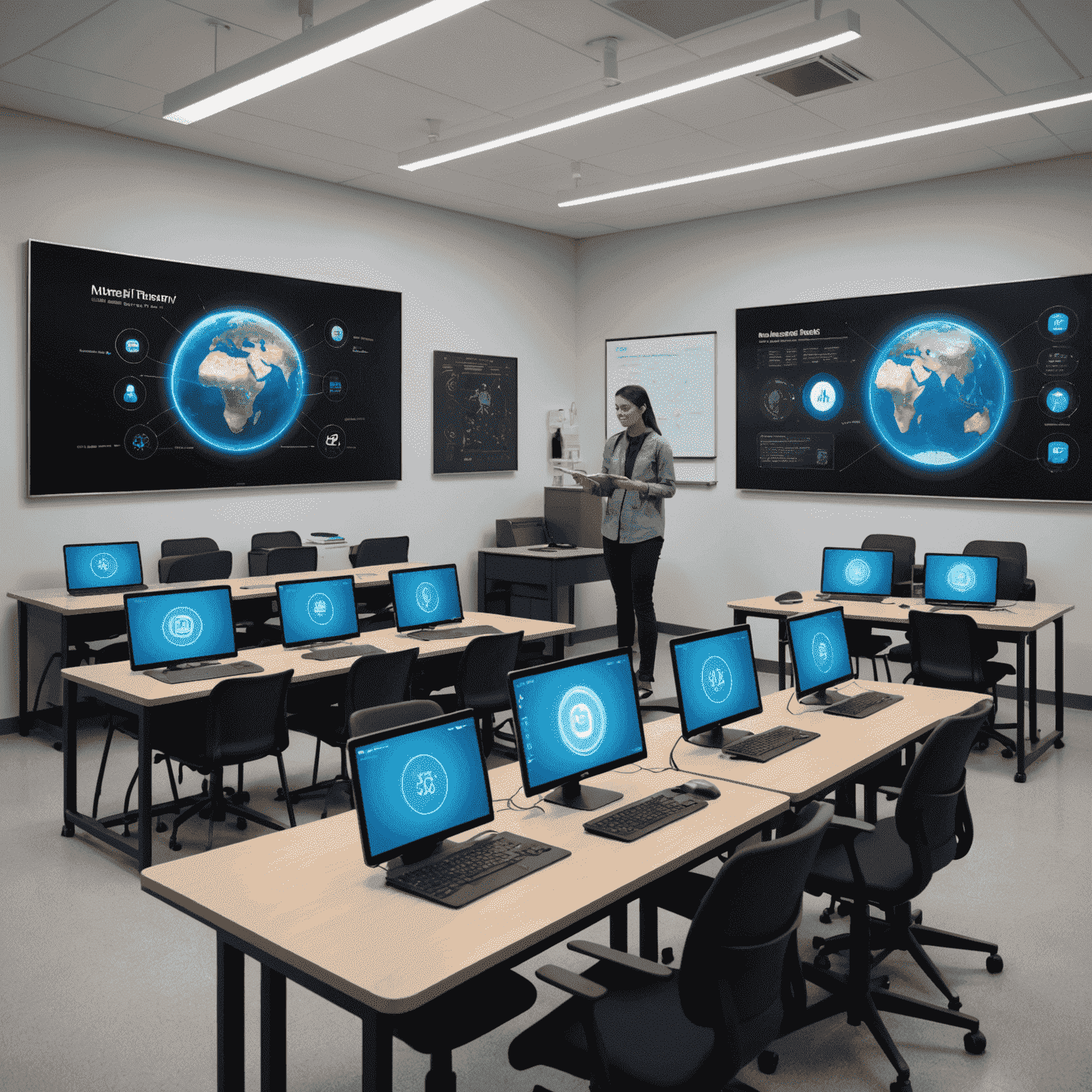 High-tech classroom with interactive holographic displays and AI-powered learning assistants