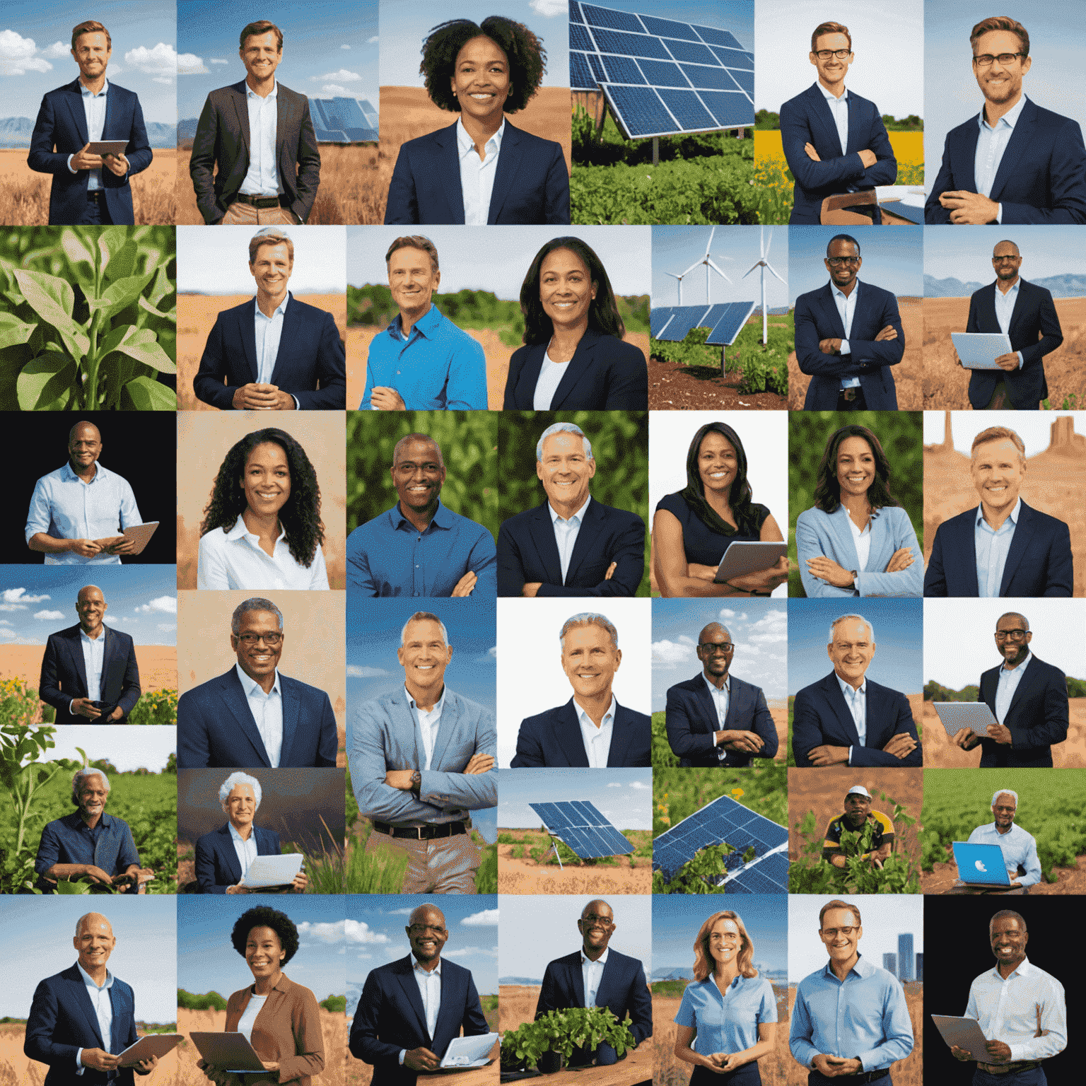 Collage of diverse American innovators and entrepreneurs working on various clean tech projects, symbolizing the bright future of sustainable technology in the USA